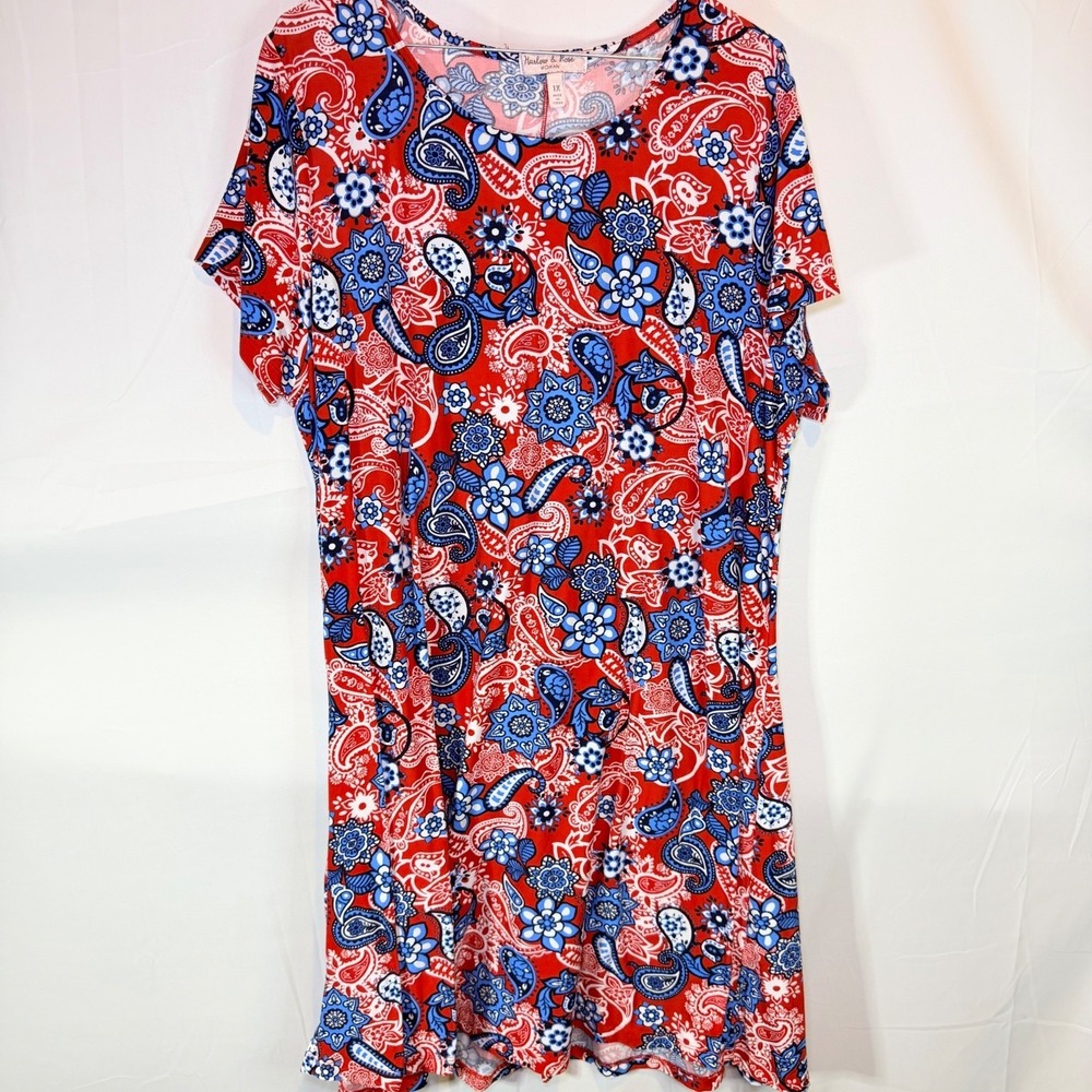Harlow Rose Women's Red Blue White 1X Floral Short Sleeve Shift Dress 4th July